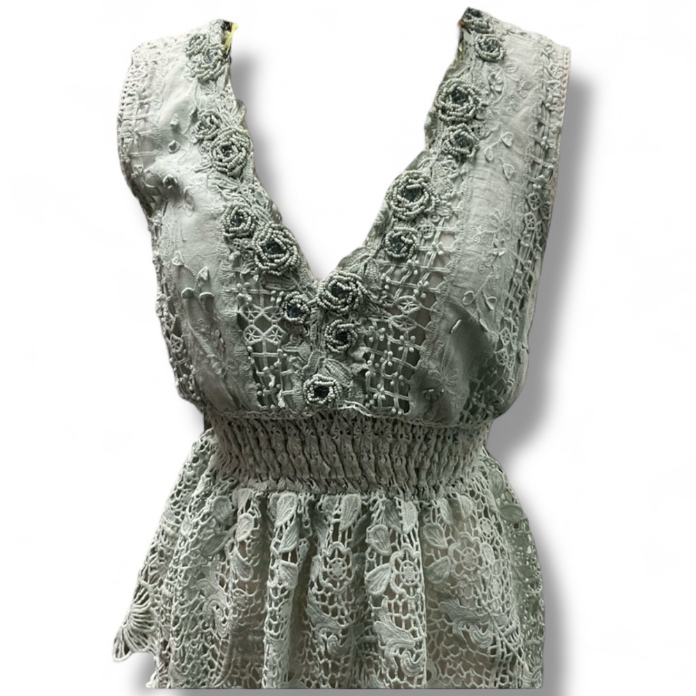 NWT Beatnik Philosophy Top France green M top beautiful beading & lace‎ appliqué